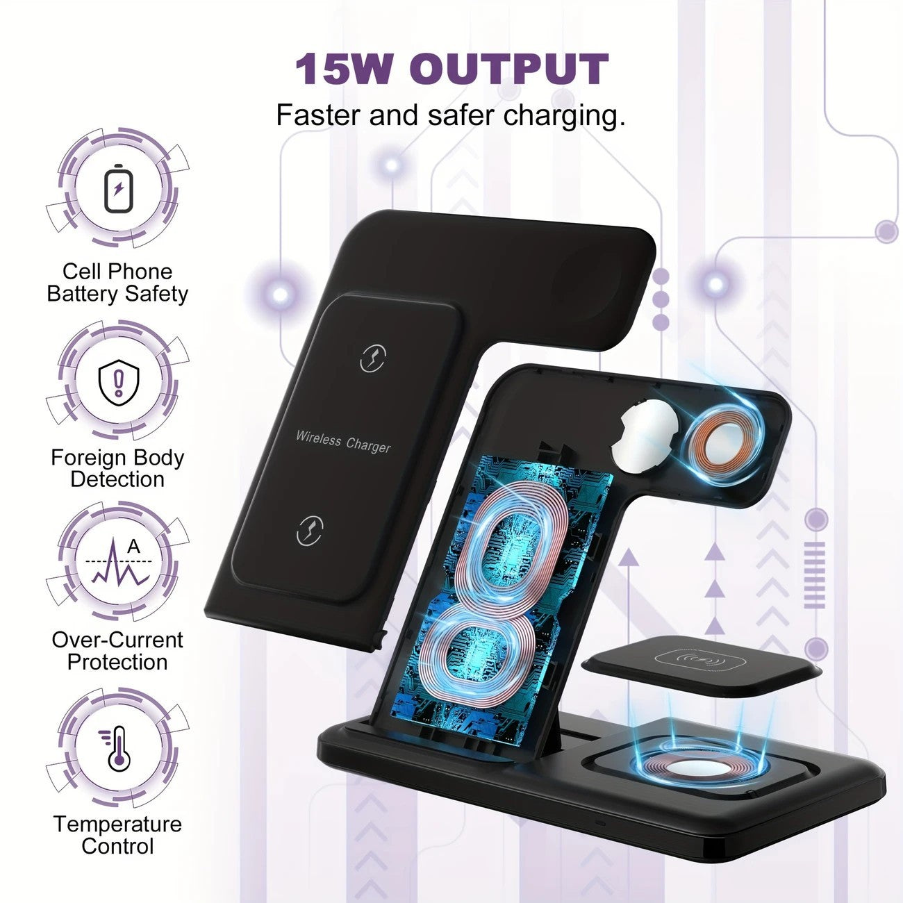 15W Fast Charging Three-in-one Wireless Charger for android and apple