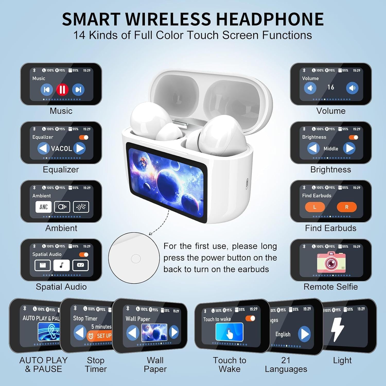 Wireless Earbuds, 5.4 Bluetooth Headphones With Touch Screen and noise cancellation