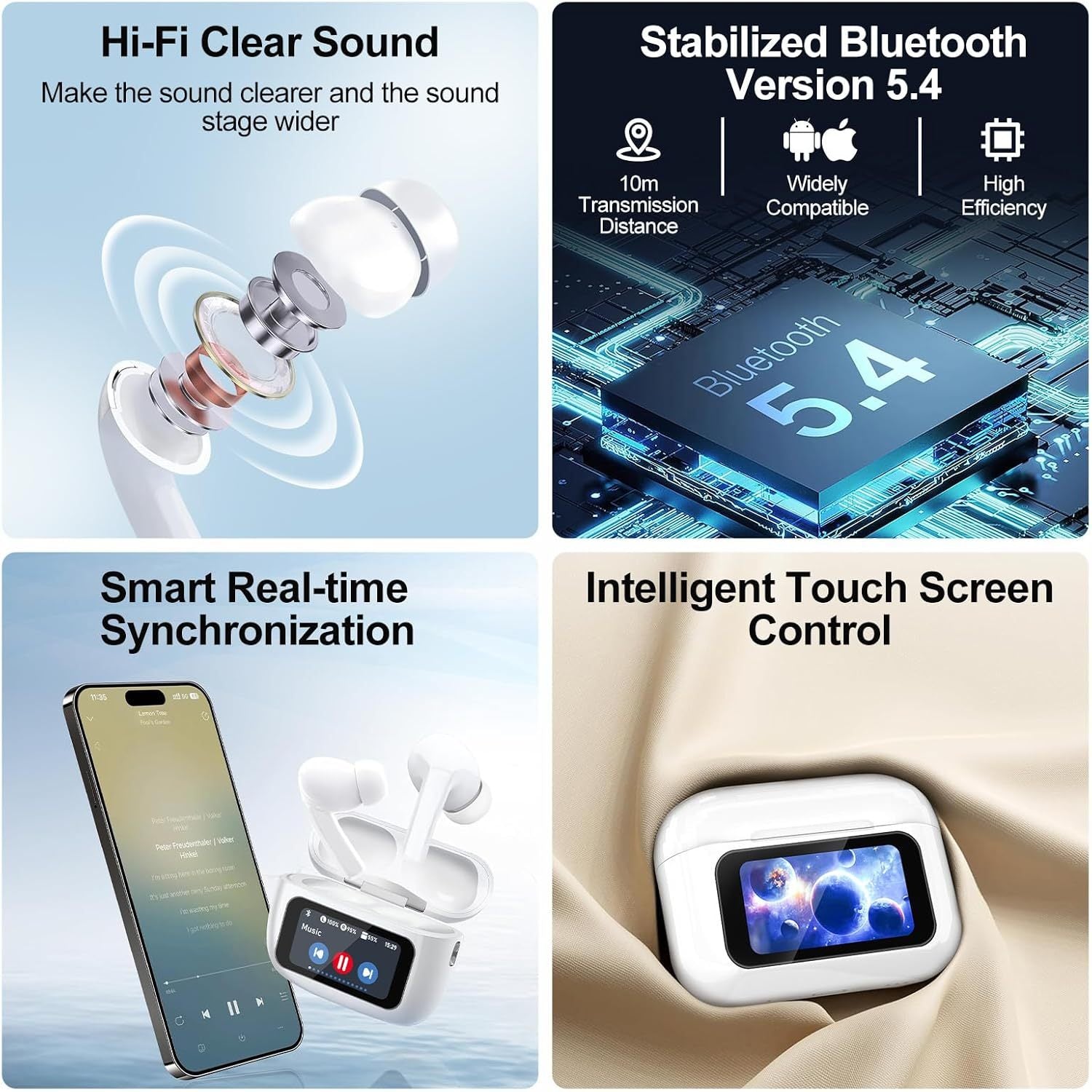 Wireless Earbuds, 5.4 Bluetooth Headphones With Touch Screen and noise cancellation